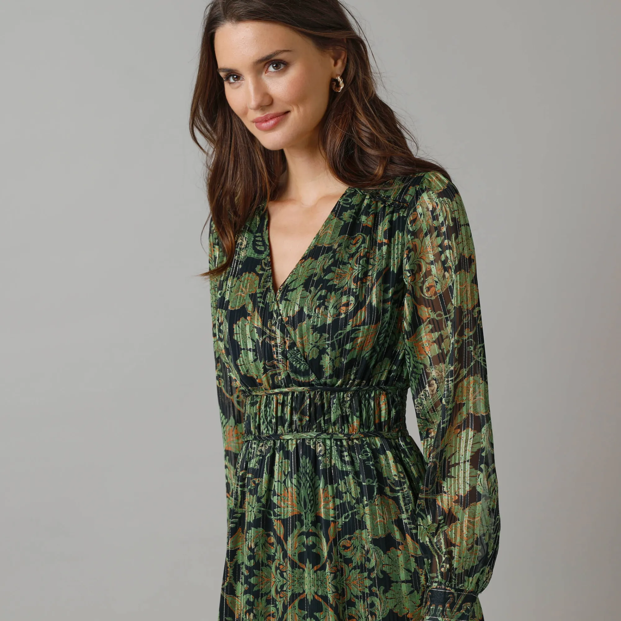 Feestoutfits Dames|Jurk<Lora Zellini Jurk met lange mouwen en strookdetails, bedrukte jacquardvoile zwart / groen