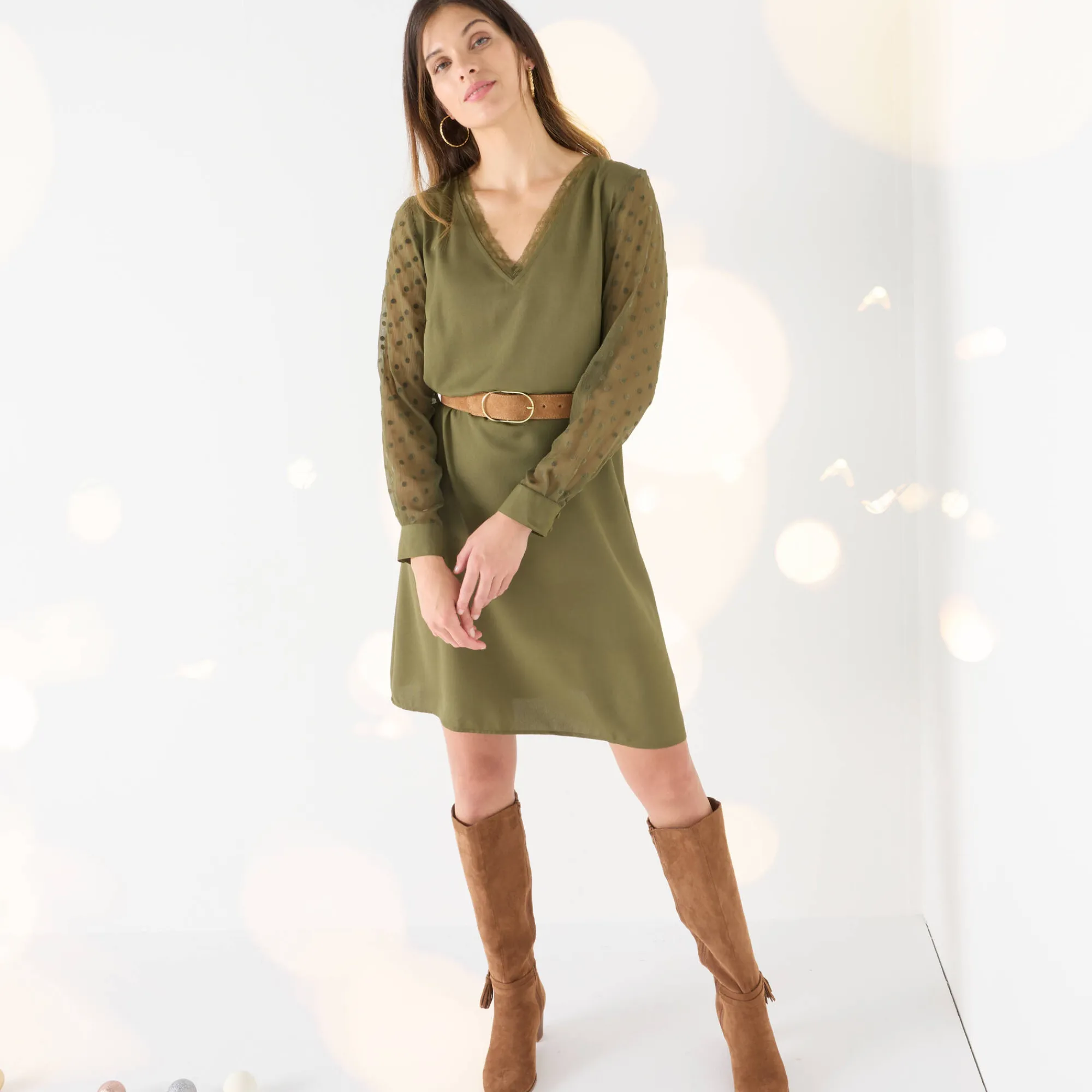 Feestoutfits Dames|Jurk<Blancheporte Jurk met mouwen in plumetis bronskleur