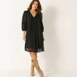 Feestoutfits Dames|Jurk<Blancheporte Jurk met plooien in effen voile, mouwen in kant zwart
