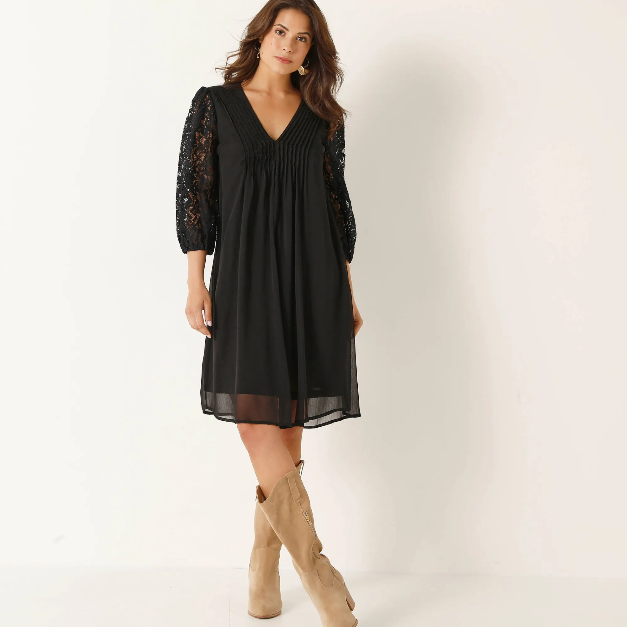Feestoutfits Dames|Jurk<Blancheporte Jurk met plooien in effen voile, mouwen in kant zwart