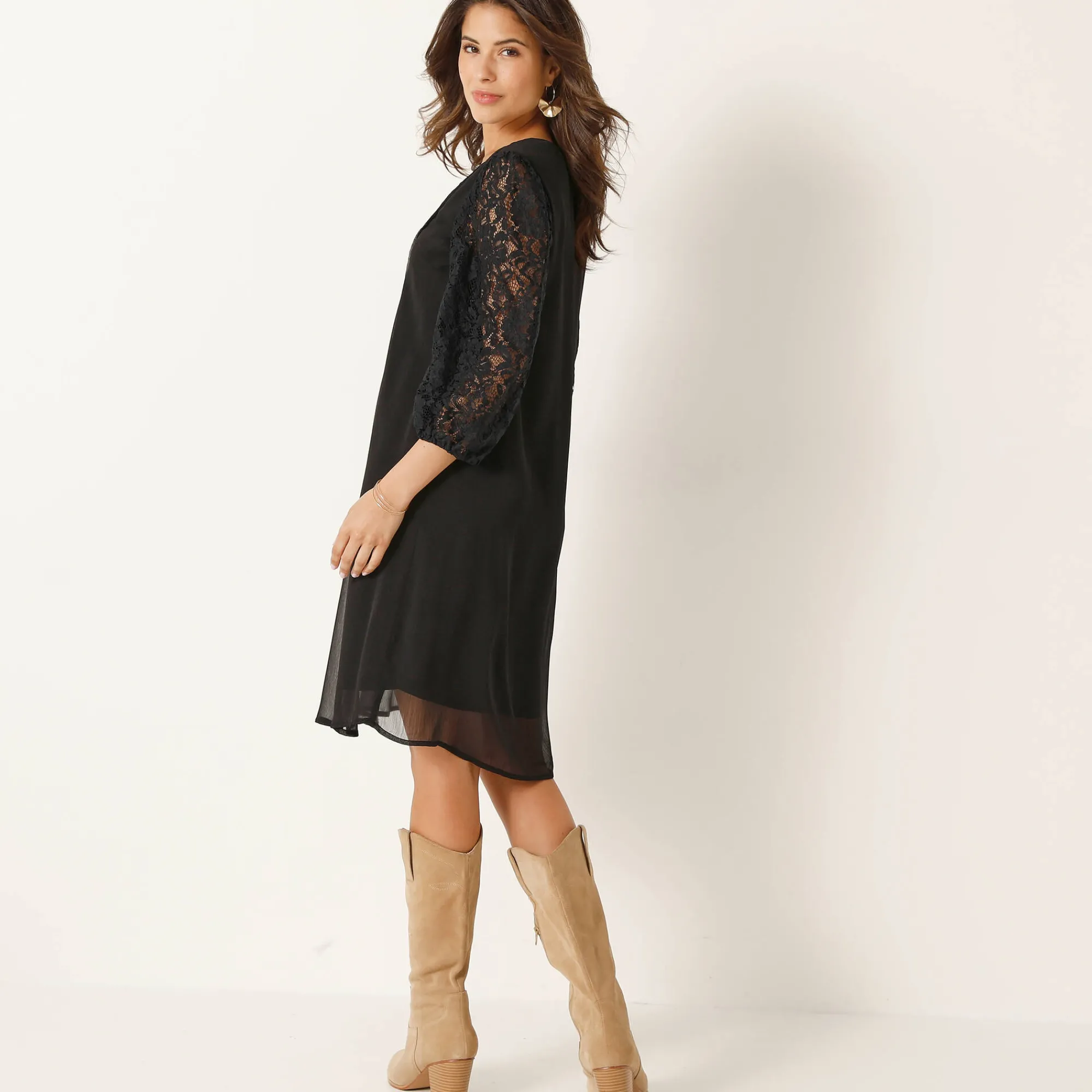 Feestoutfits Dames|Jurk<Blancheporte Jurk met plooien in effen voile, mouwen in kant zwart