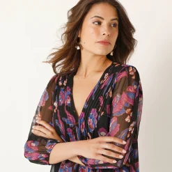 Jurk<Blancheporte Jurk met plooien, voile met bloemenprint zwart / paars