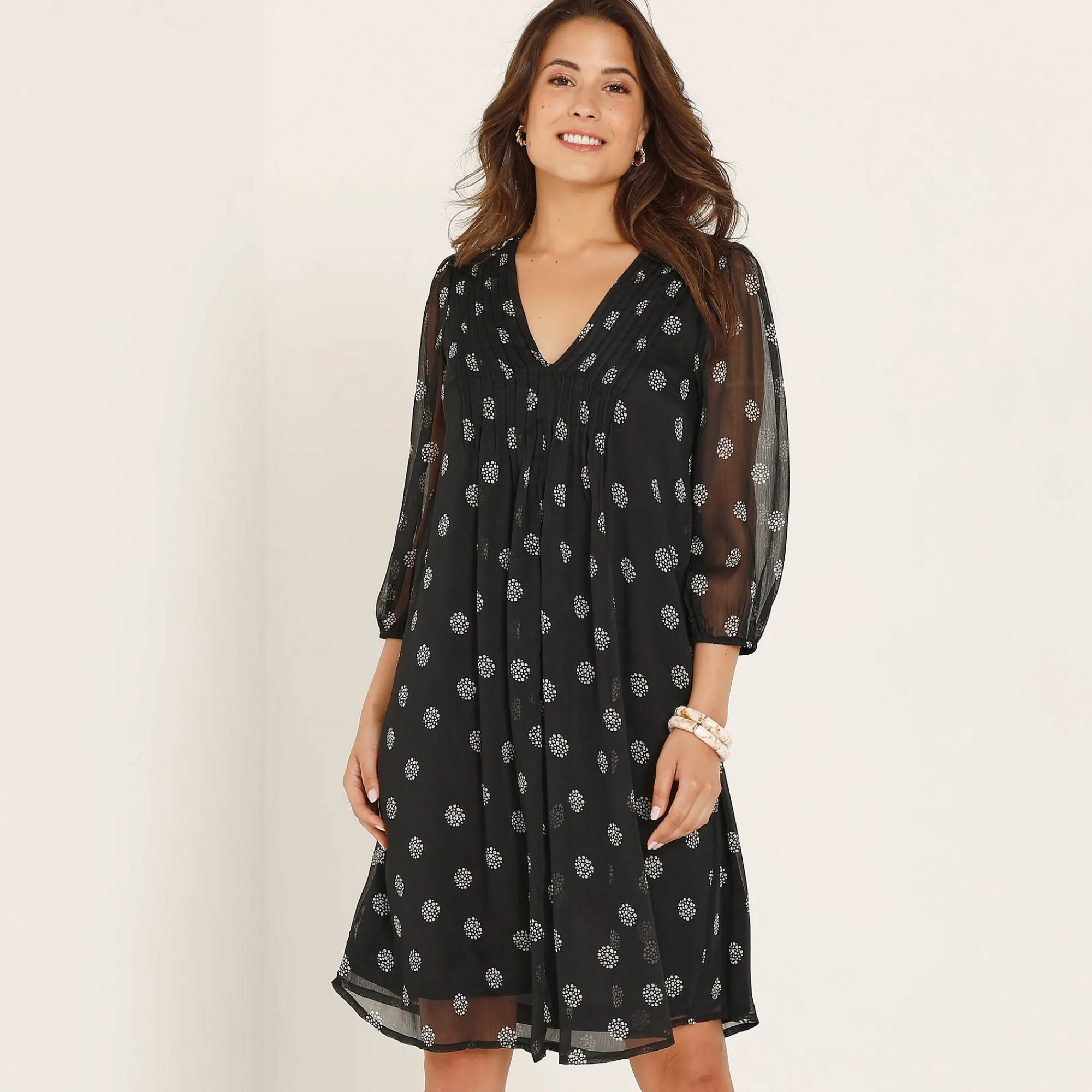 Feestoutfits Dames|Jurk<Blancheporte Jurk met plooien, voile met stippenprint zwart / wit