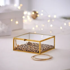 Feestdecoratie|Decoratieartikel<Blancheporte Juwelendoos in glas en metaal, kussentje met luipaardmotief goudkleurig