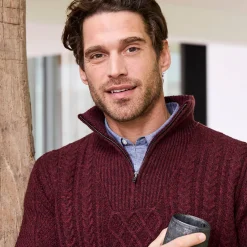 Trui En Vest<Blancheporte Kabeltrui in Iers tricot met truckerskraag chiné bordeaux