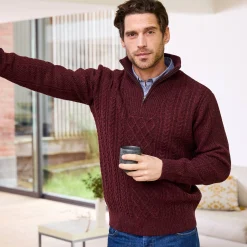Trui En Vest<Blancheporte Kabeltrui in Iers tricot met truckerskraag chiné bordeaux