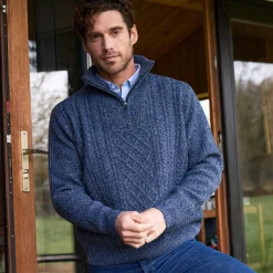 Trui En Vest<Blancheporte Kabeltrui in Iers tricot met truckerskraag gespikkeld blauw