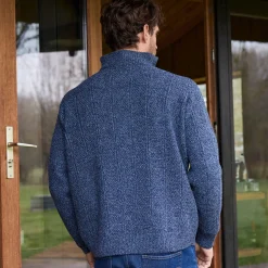 Trui En Vest<Blancheporte Kabeltrui in Iers tricot met truckerskraag gespikkeld blauw