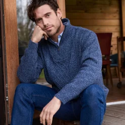 Trui En Vest<Blancheporte Kabeltrui in Iers tricot met truckerskraag gespikkeld blauw