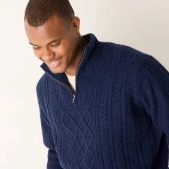 Trui En Vest<Blancheporte Kabeltrui in Iers tricot met truckerskraag marine