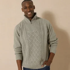 Trui En Vest<Blancheporte Kabeltrui in Iers tricot met truckerskraag gespikkeld taupe