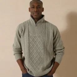 Trui En Vest<Blancheporte Kabeltrui in Iers tricot met truckerskraag gespikkeld taupe