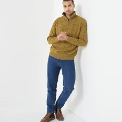 Trui En Vest<Blancheporte Kabeltrui in Iers tricot met truckerskraag gespikkeld curry