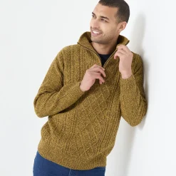 Trui En Vest<Blancheporte Kabeltrui in Iers tricot met truckerskraag gespikkeld curry