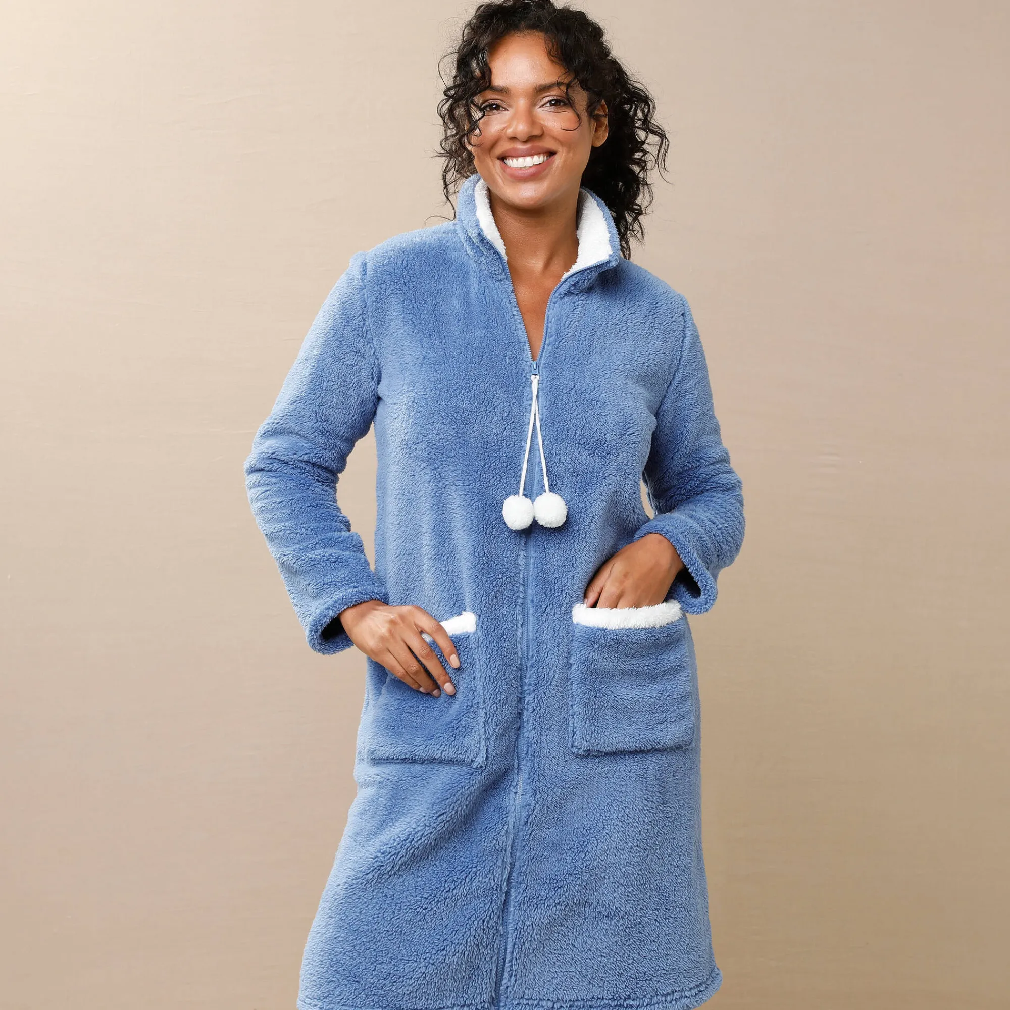 Peignoir En Kamerjas<Blancheporte Kamerjas in fleece jeansblauw / ecru
