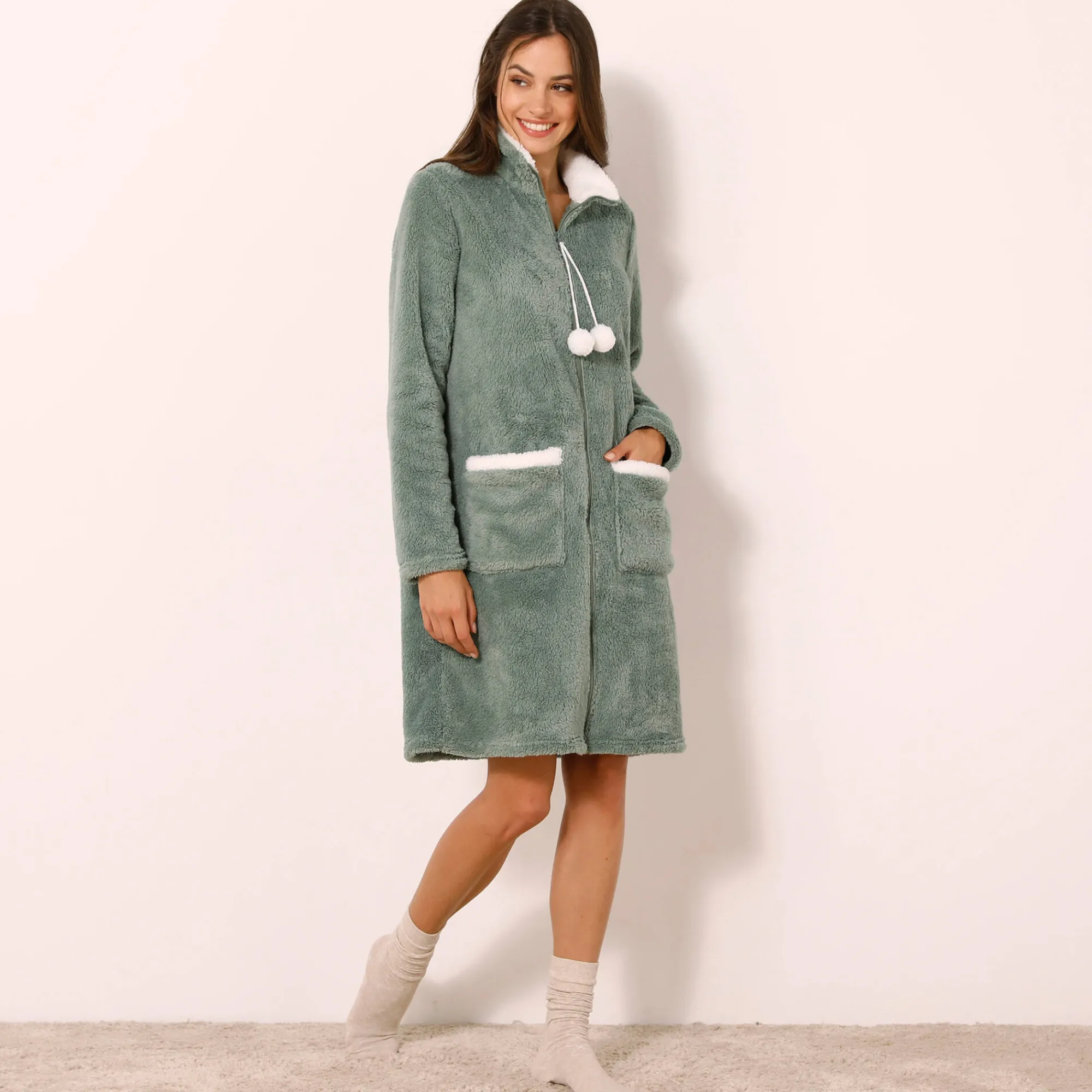 Peignoir En Kamerjas<Blancheporte Kamerjas in fleece kaki / ecru