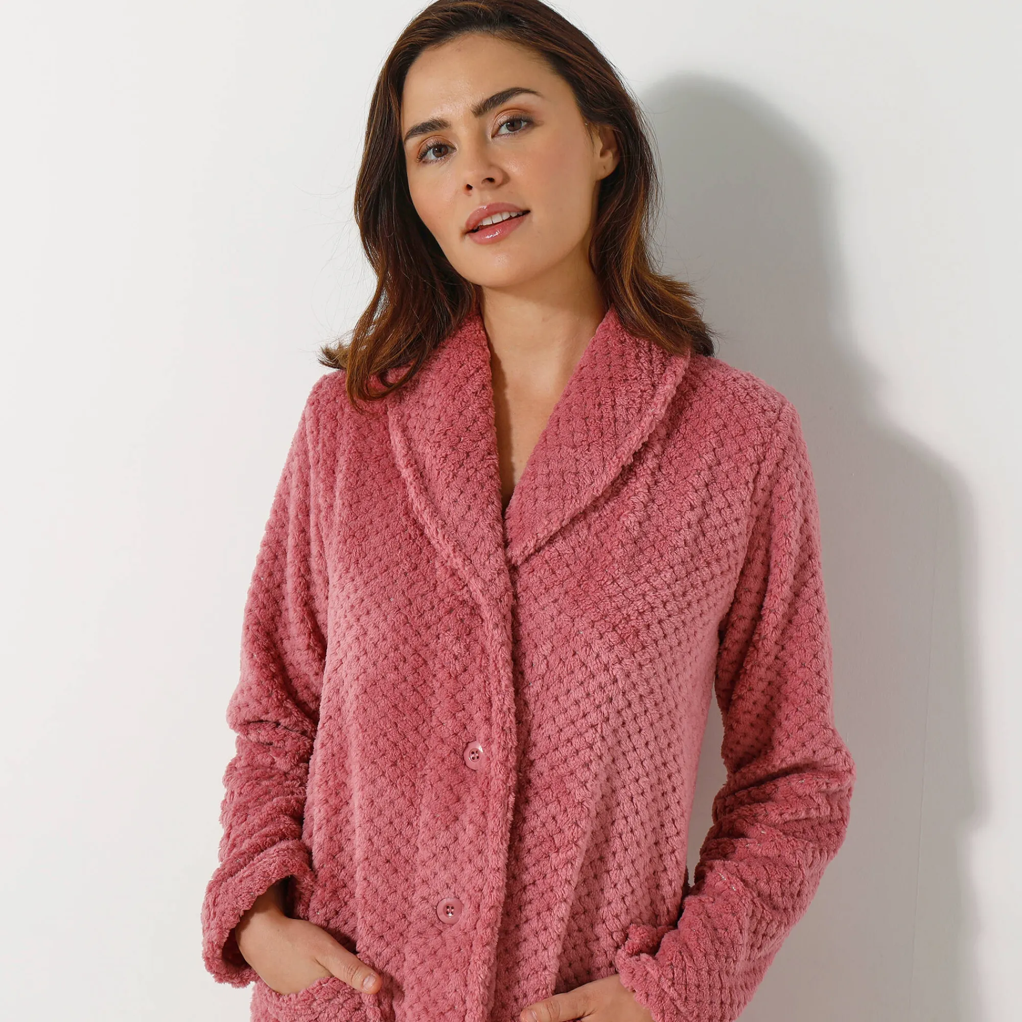 Peignoir En Kamerjas<Blancheporte Kamerjas in fleecetricot met sjaalkraag - 95 cm lang roze