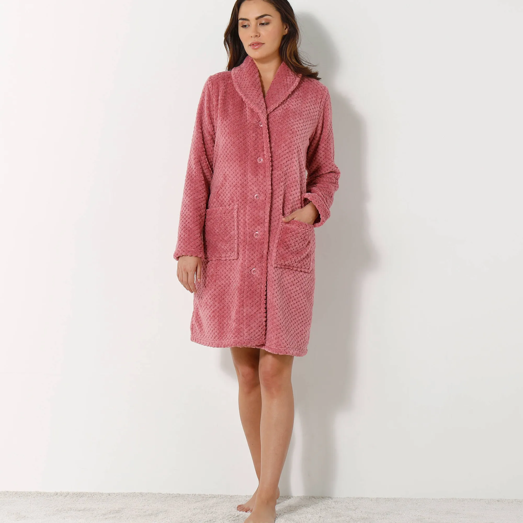 Peignoir En Kamerjas<Blancheporte Kamerjas in fleecetricot met sjaalkraag - 95 cm lang roze