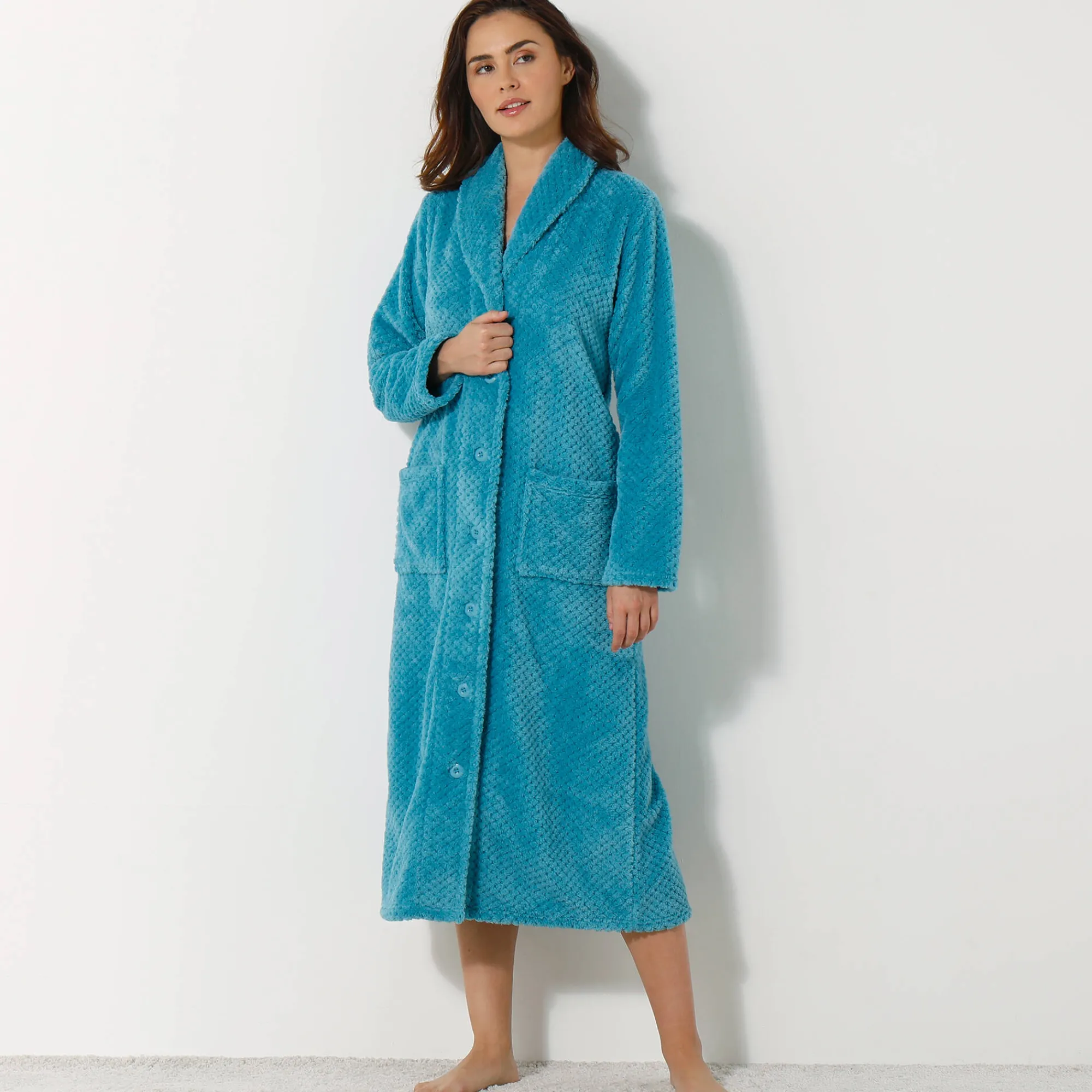Peignoir En Kamerjas<Blancheporte Kamerjas in fleecetricot met sjaalkraag - 120 cm lang turkoois