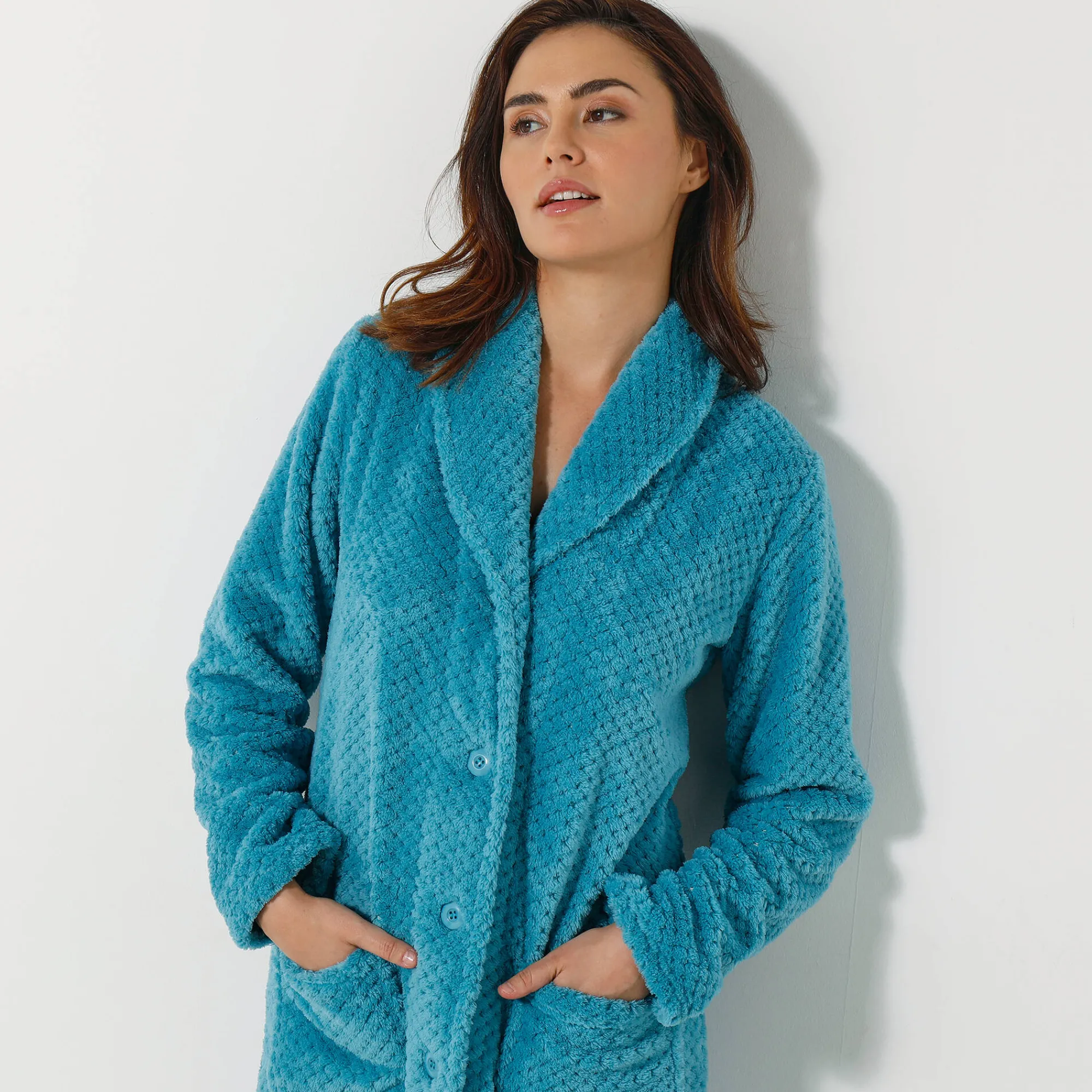 Peignoir En Kamerjas<Blancheporte Kamerjas in fleecetricot met sjaalkraag - 120 cm lang turkoois