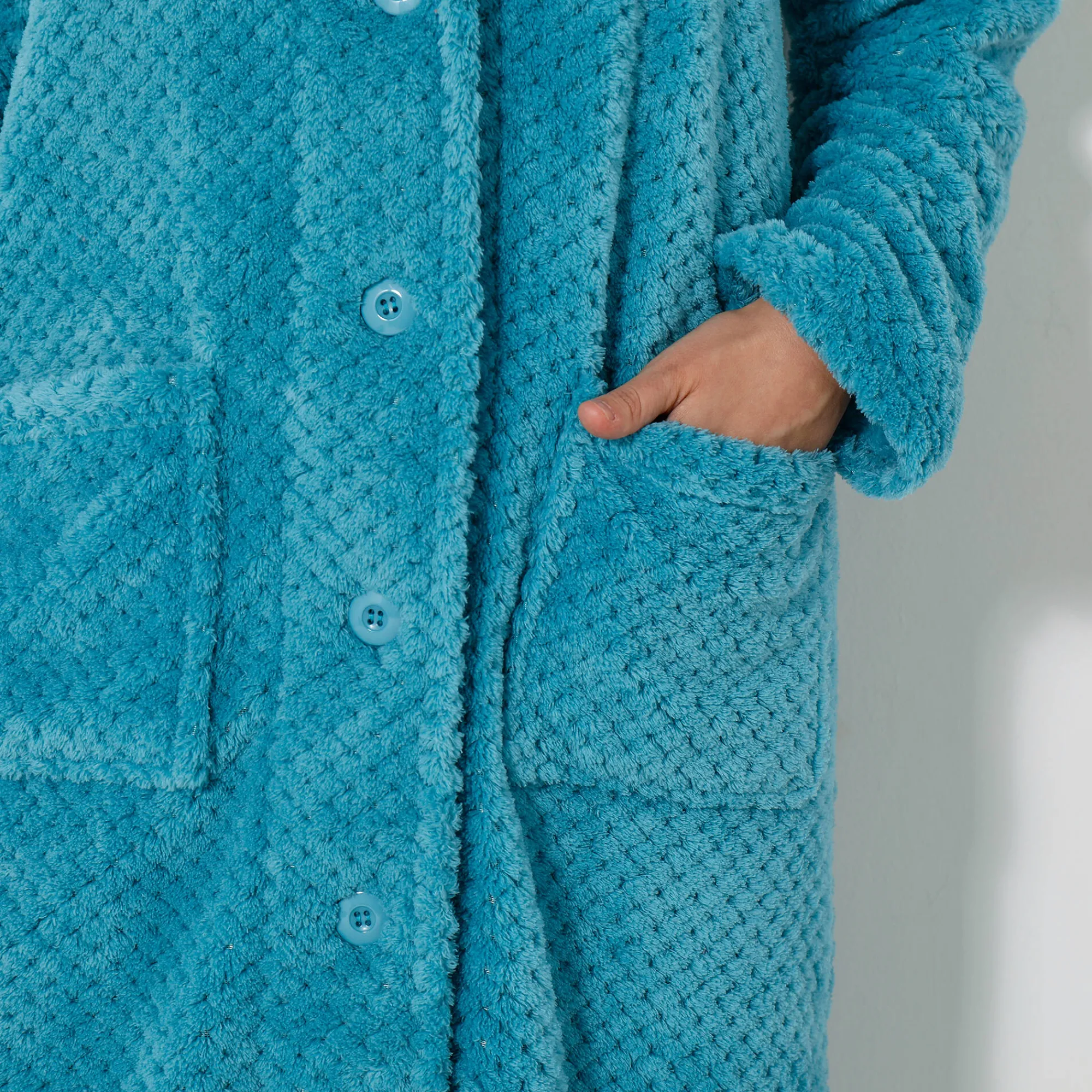 Peignoir En Kamerjas<Blancheporte Kamerjas in fleecetricot met sjaalkraag - 120 cm lang turkoois
