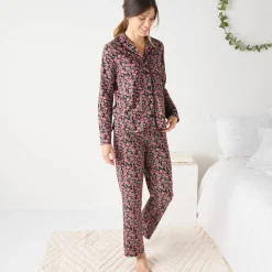 Pyjama<Blancheporte Katoenen pyjama met lange mouwen, bloemetjes en reverskraag zwart / bordeaux