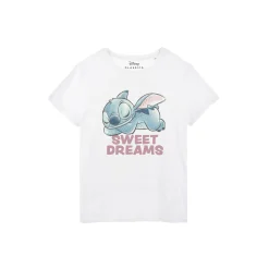 Pyjama<Blancheporte Katoenen pyjamashirt voor dames met korte mouwen en "Sweet Dreams" Stitch-print wit