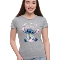 Pyjama<Blancheporte Katoenen pyjamashirt voor dames met korte mouwen en "Take time to relax" Stitch-print chiné grijs
