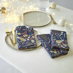 Feesttafel|Servet<Blancheporte Katoenen servet met plantenprint - set van 3 marine