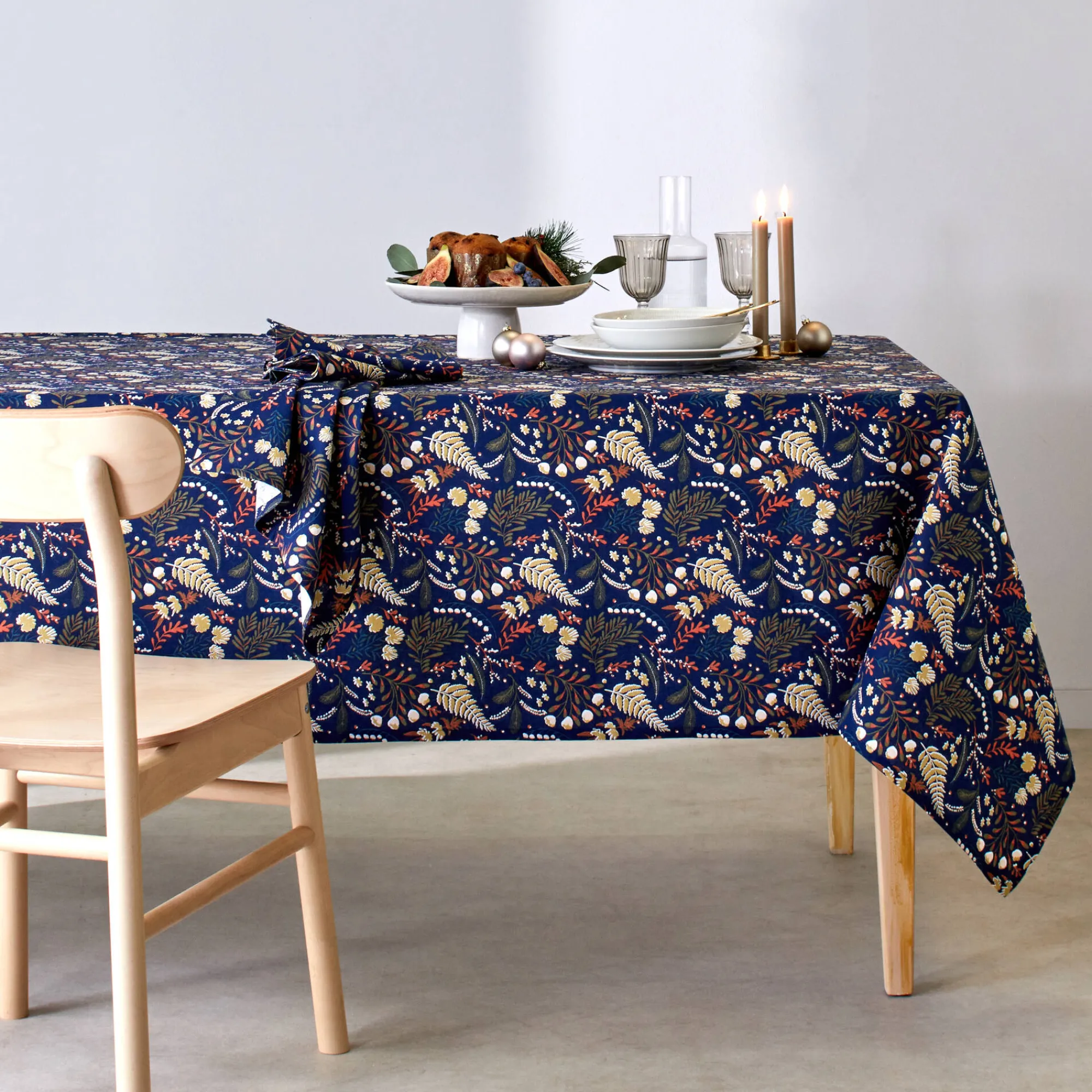 Feesttafel|Servet<Blancheporte Katoenen servet met plantenprint - set van 3 marine