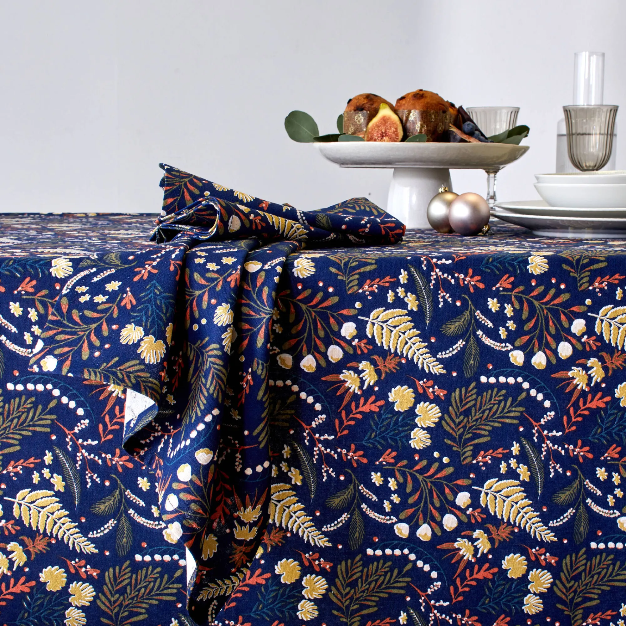 Feesttafel|Servet<Blancheporte Katoenen servet met plantenprint - set van 3 marine