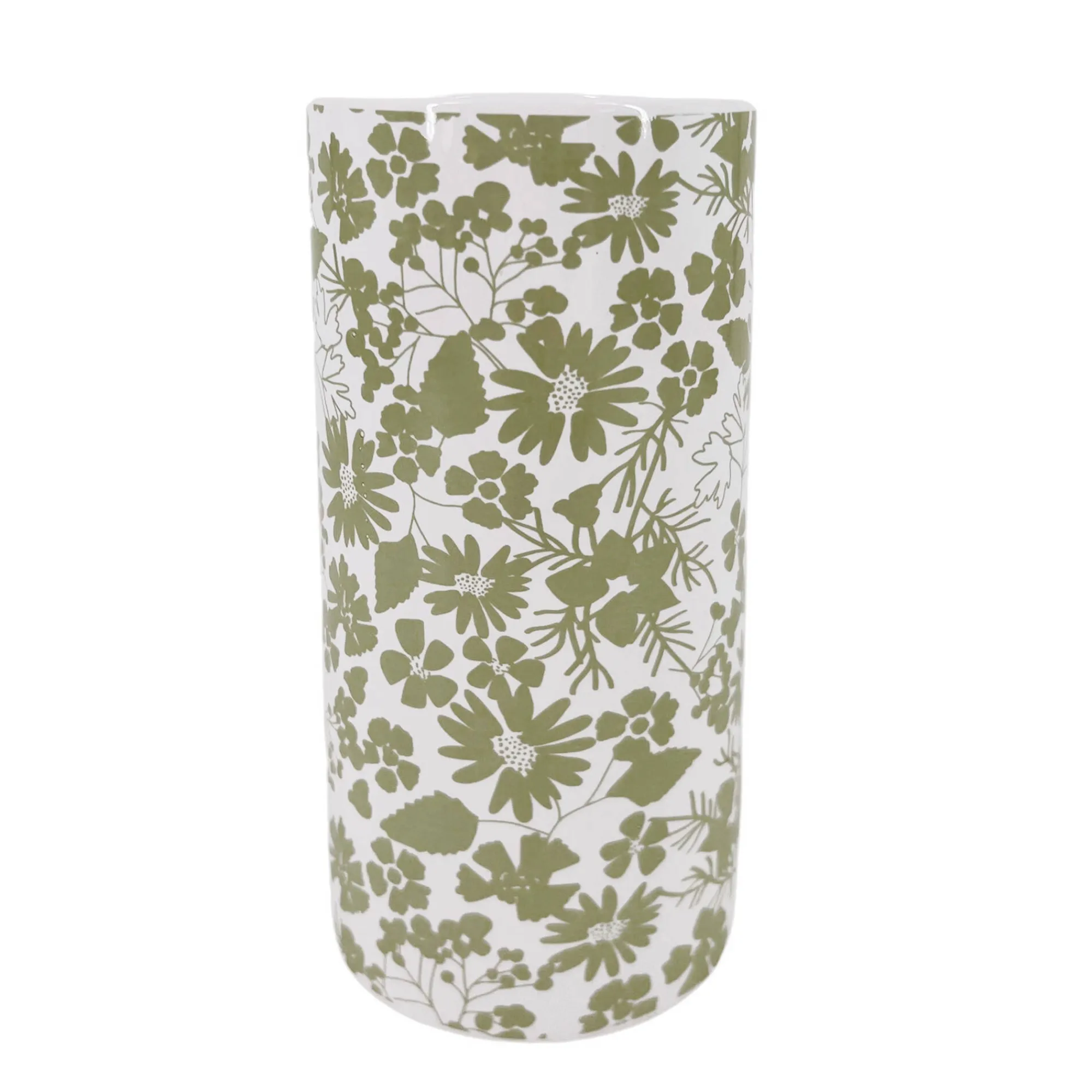 Decoratieartikel<Blancheporte Keramische vaas met bloemenprint - hoogte 19,5 cm wit/groen