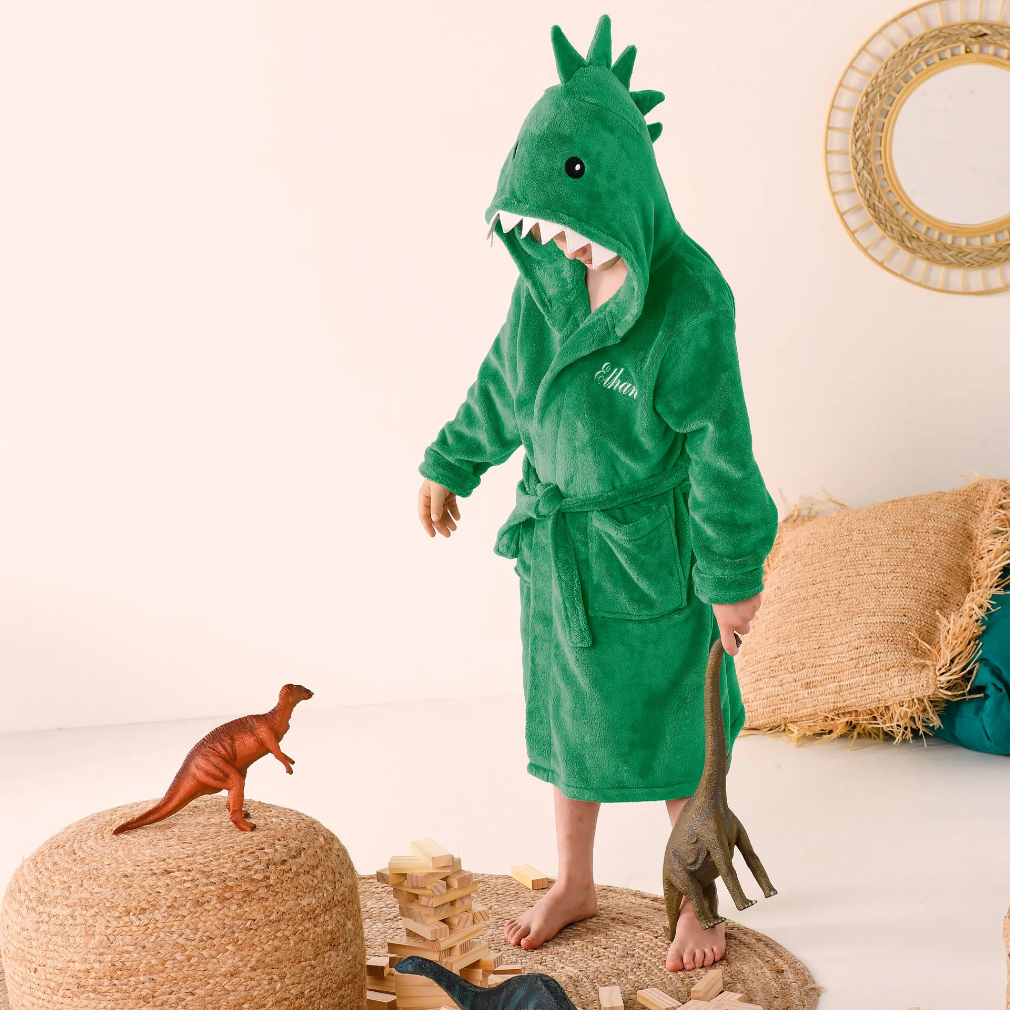 Badjas|Handdoek En Badlaken Kids<Blancheporte Kinderbadjas met capuchon, personaliseerbaar, dinosaurus, microvezel. groen