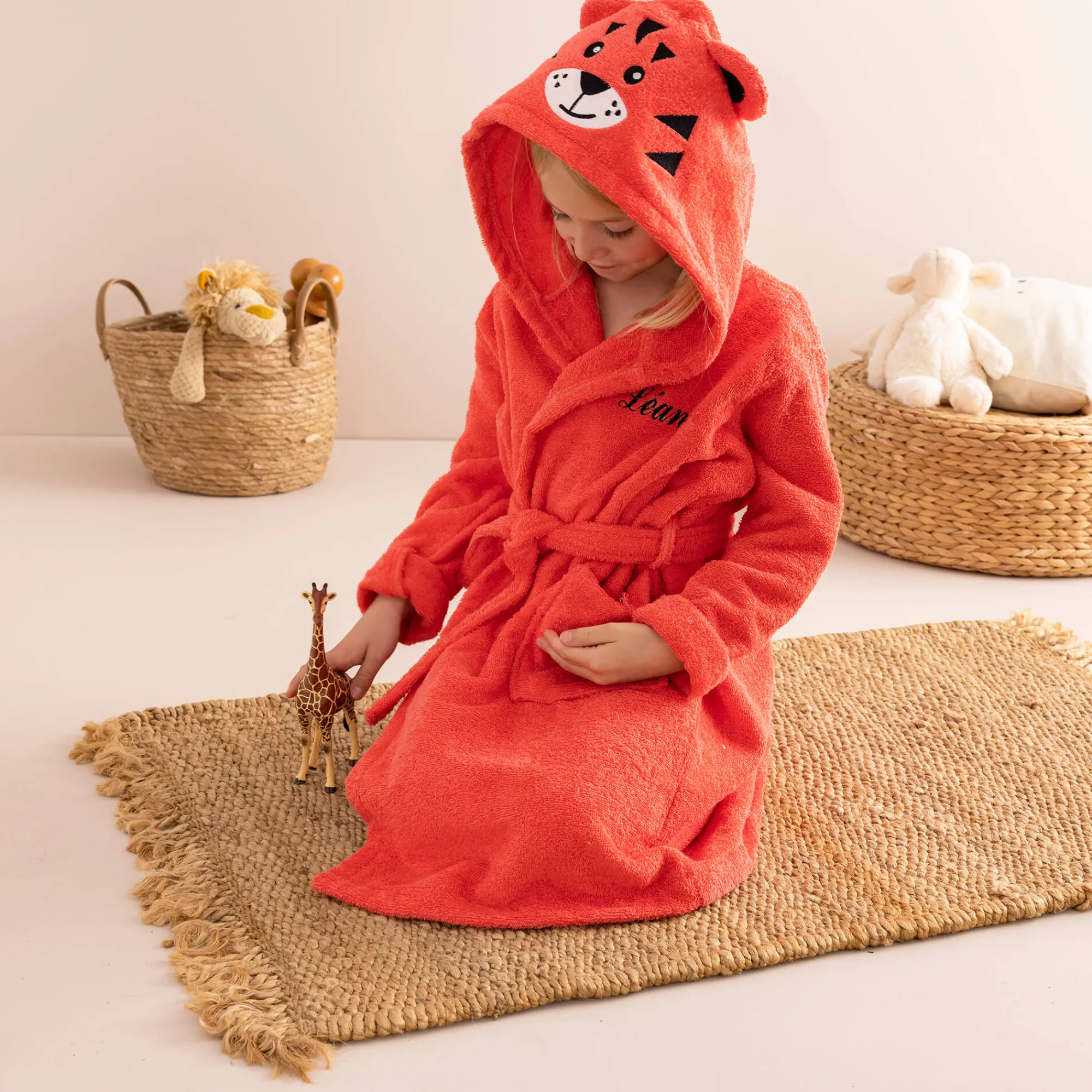 Badjas|Handdoek En Badlaken Kids<Colombine des petits Kinderbadjas met tijgermotief en kap, personaliseerbaar koraal