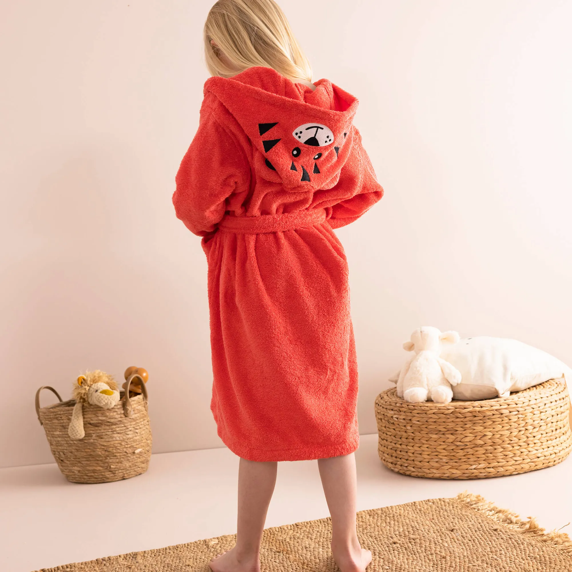 Badjas|Handdoek En Badlaken Kids<Colombine des petits Kinderbadjas met tijgermotief en kap, personaliseerbaar koraal