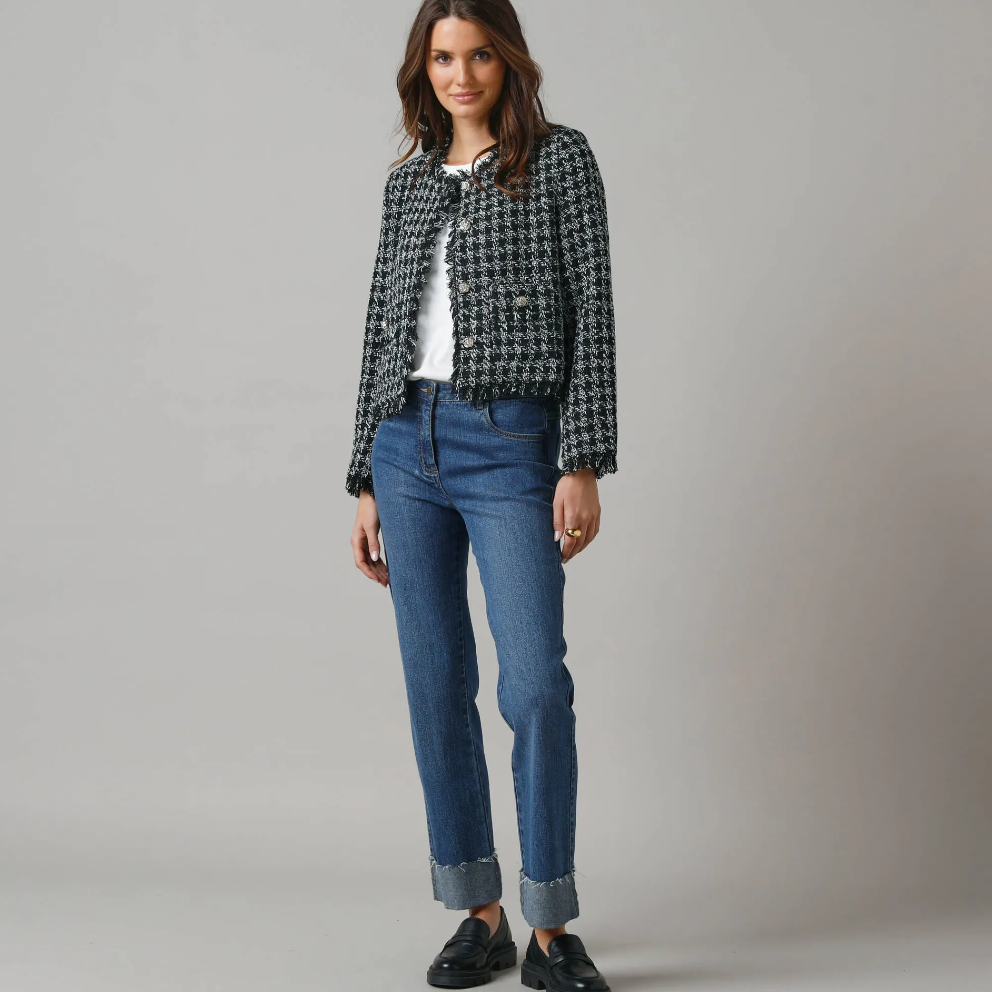 Jas En Mantel<Lora Zellini Kort jasje in tweed zwart / ecru