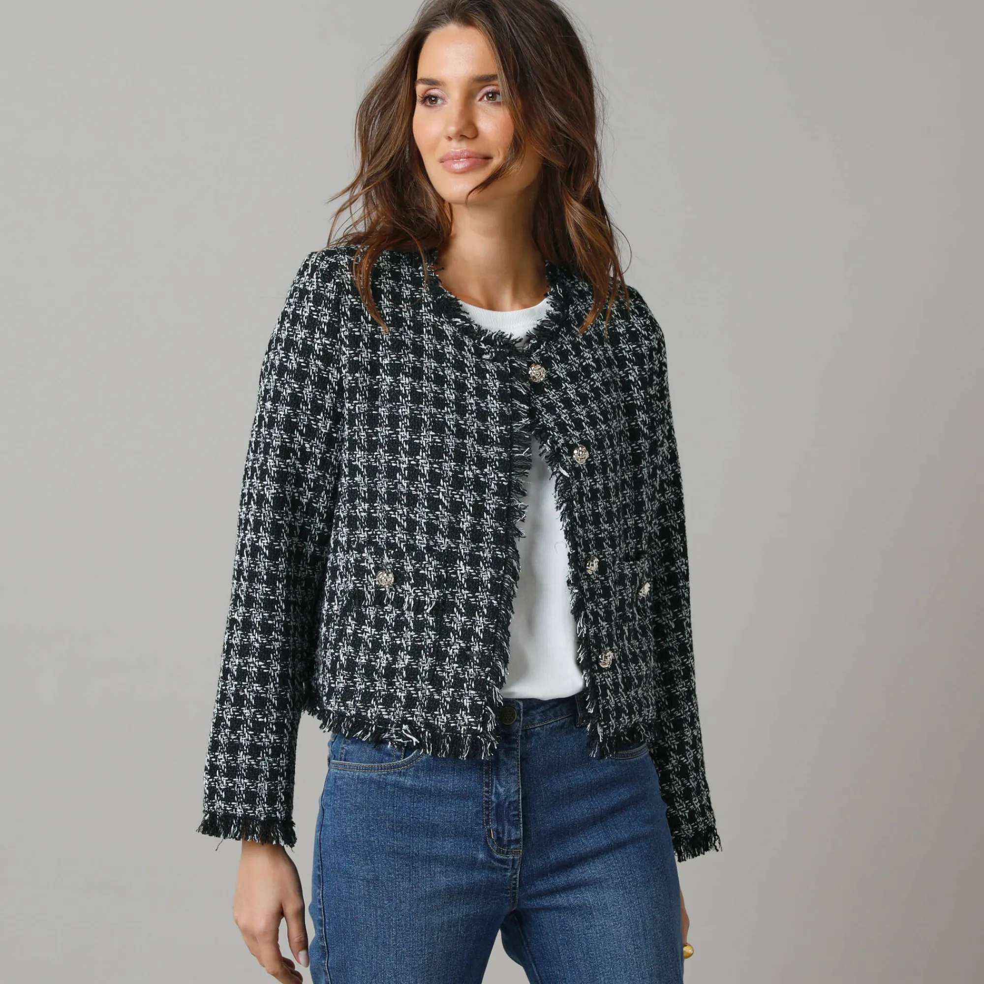 Jas En Mantel<Lora Zellini Kort jasje in tweed zwart / ecru