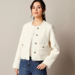 Jas En Mantel|Jurk<Lora Zellini Kort jasje in tweedstijl, wolmengeling ecru