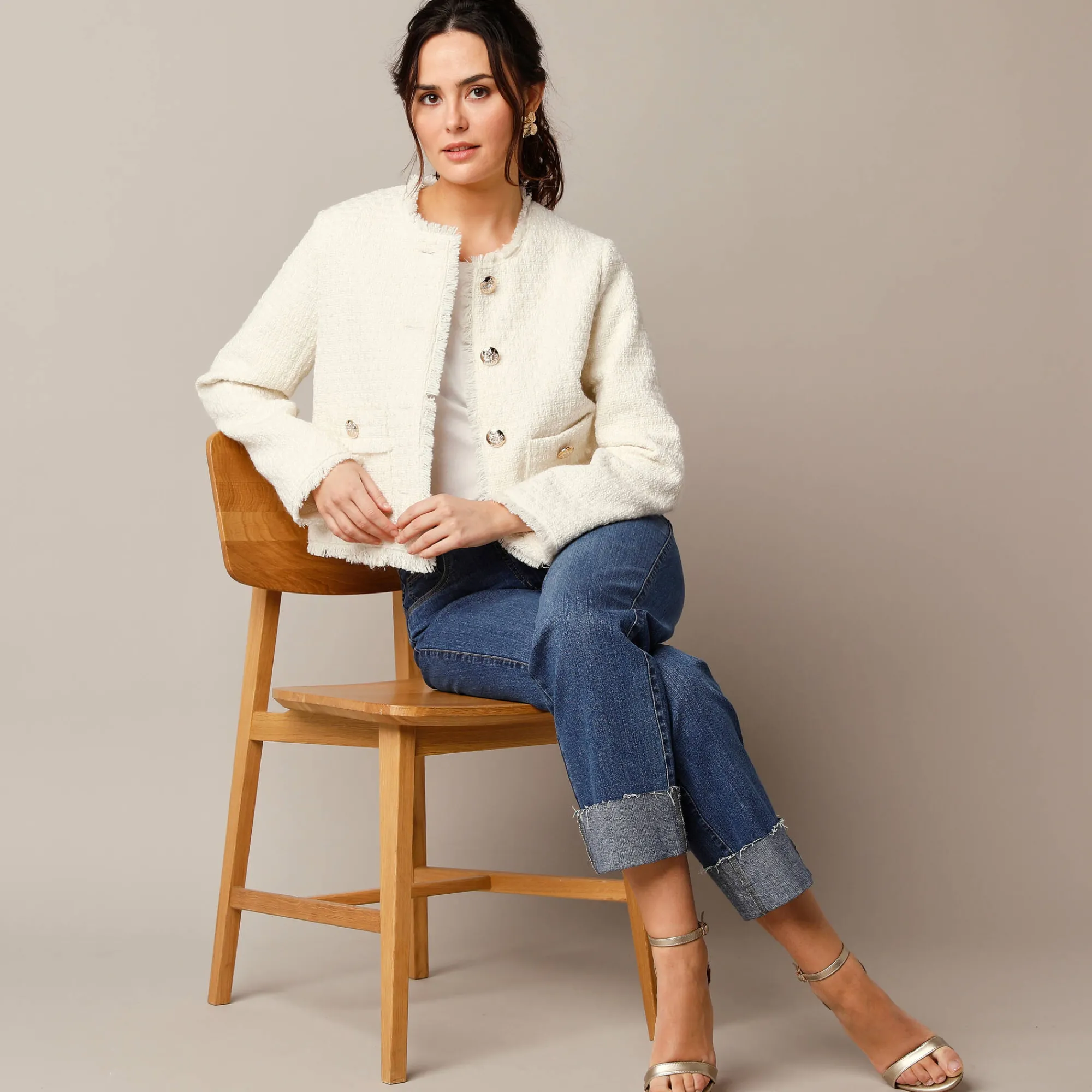 Jas En Mantel|Jurk<Lora Zellini Kort jasje in tweedstijl, wolmengeling ecru