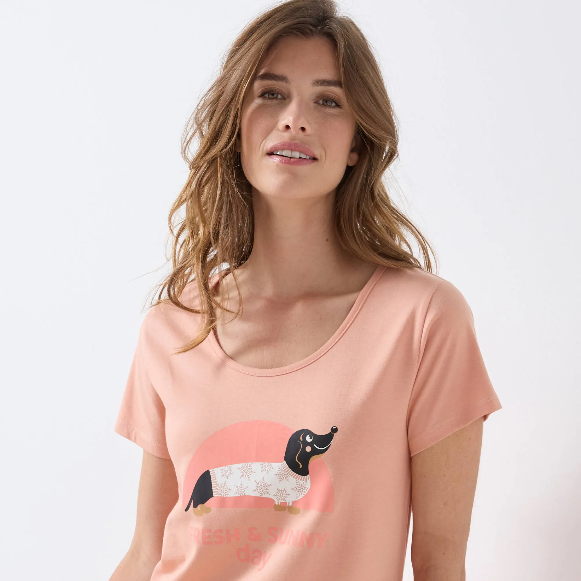 Nachthemd<Blancheporte Kort nachthemd met korte mouwen en "Fresh&Sunny day" motief perzik