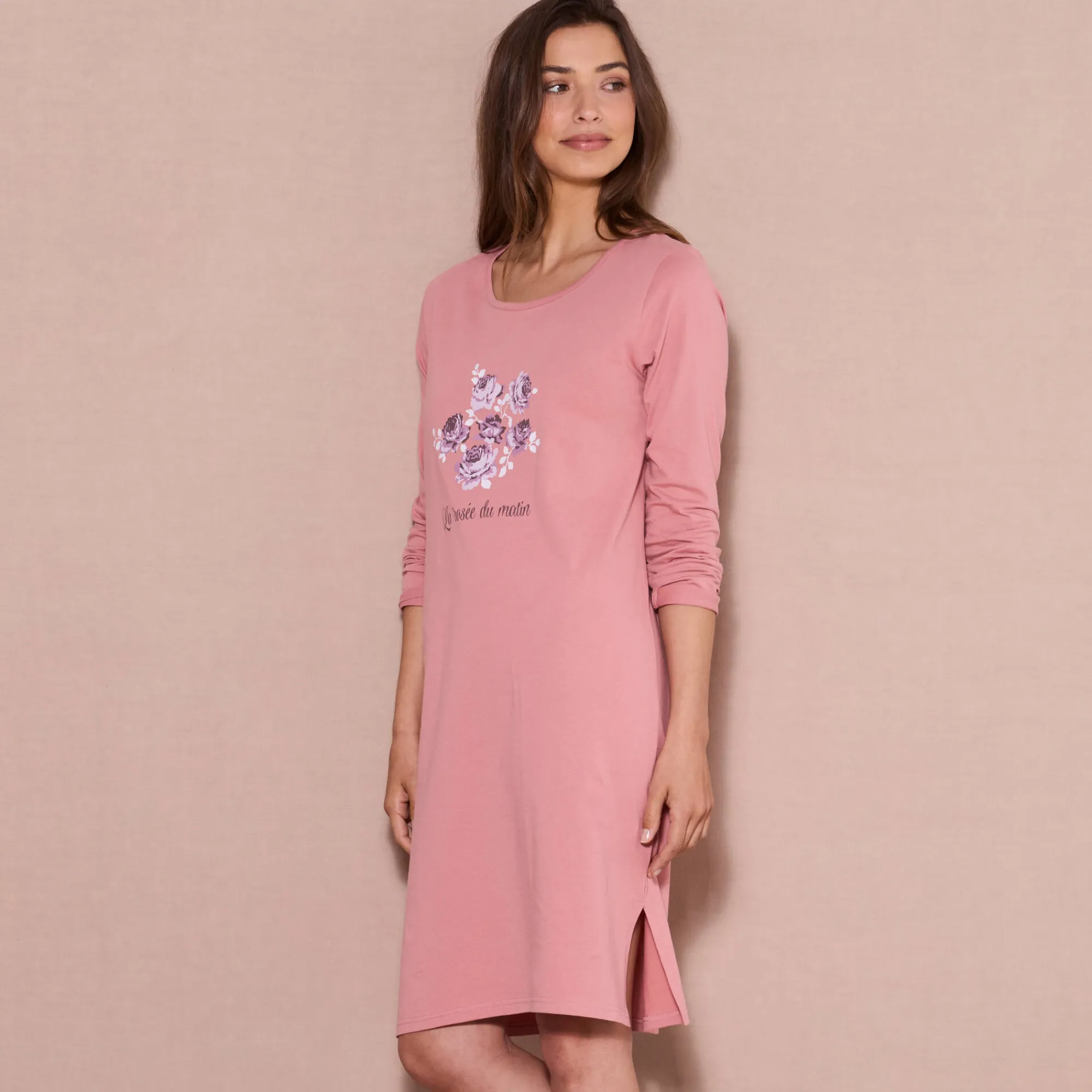 Nachthemd<Blancheporte Kort nachthemd met lange mouwen roze