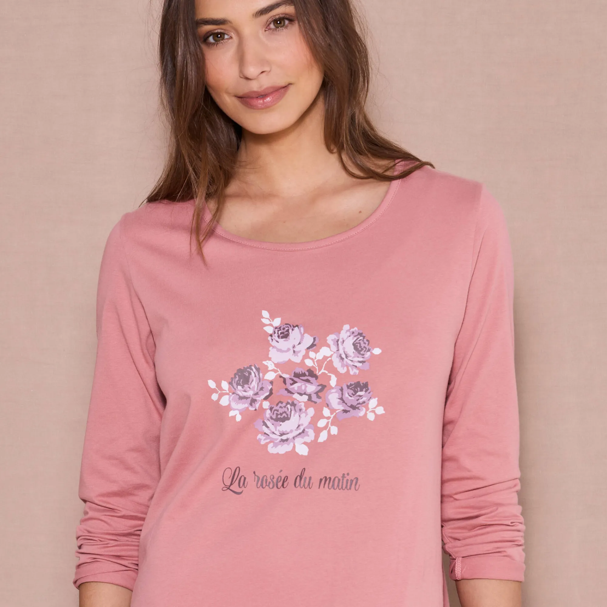 Nachthemd<Blancheporte Kort nachthemd met lange mouwen roze