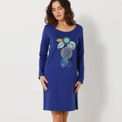 Nachthemd<Blancheporte Kort nachthemd met lange mouwen en rozettenmotief felblauw