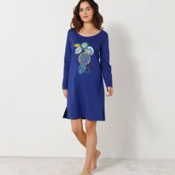 Nachthemd<Blancheporte Kort nachthemd met lange mouwen en rozettenmotief felblauw