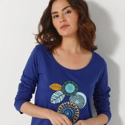 Nachthemd<Blancheporte Kort nachthemd met lange mouwen en rozettenmotief felblauw
