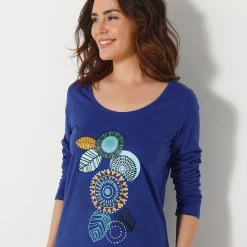 Nachthemd<Blancheporte Kort nachthemd met lange mouwen en rozettenmotief felblauw