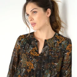 Feestoutfits Dames|Jurk<Blancheporte Korte, bedrukte jurk met plissé zwart / bronskleur