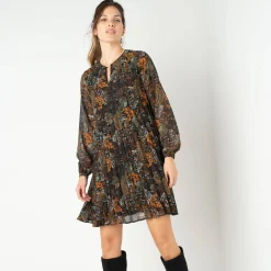 Feestoutfits Dames|Jurk<Blancheporte Korte, bedrukte jurk met plissé zwart / bronskleur