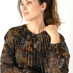 Feestoutfits Dames|Jurk<Blancheporte Korte, bedrukte jurk met plissé zwart / bronskleur