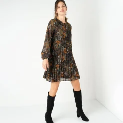 Feestoutfits Dames|Jurk<Blancheporte Korte, bedrukte jurk met plissé zwart / bronskleur